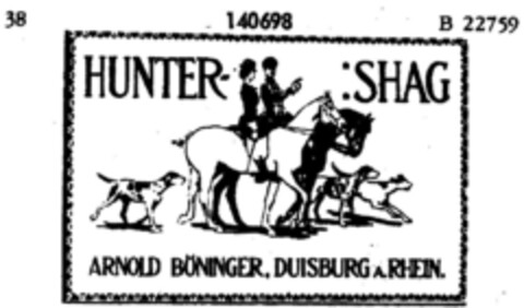 HUNTER SHAG ARNOLD BÖNINGER, DUISBURG A. RHEIN Logo (DPMA, 12/24/1910)