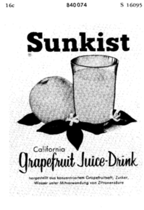 Sunkist California Grapefruit Juice-Drink Logo (DPMA, 03/13/1964)