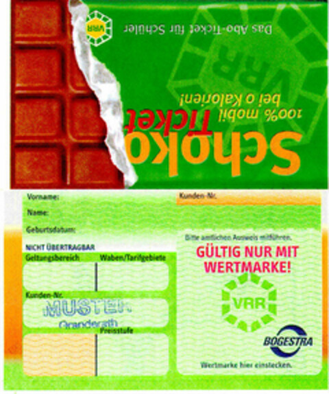 Schoko Ticket 100% mobil bei 0 Kalorien! VRR Logo (DPMA, 15.03.2001)