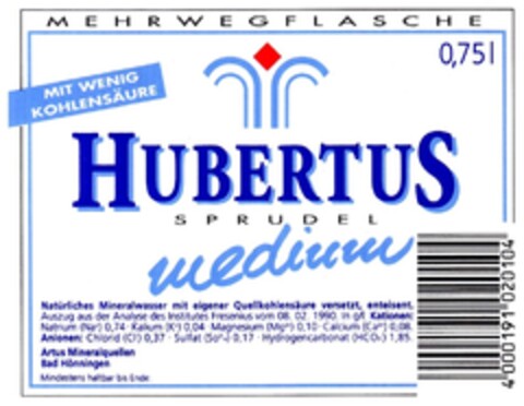 HUBERTUS SPRUDEL medium Logo (DPMA, 05/21/1993)