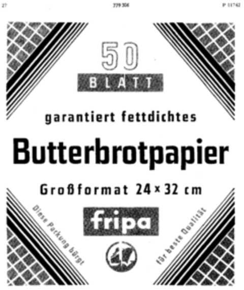 50 BLATT garantiert fettdichtes Butterbrotpapier fripa Logo (DPMA, 09/11/1962)