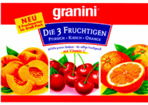 granini DIE 3 FRUCHTIGEN PFIRSICH KIRSCH ORANGE Logo (DPMA, 04.06.1997)