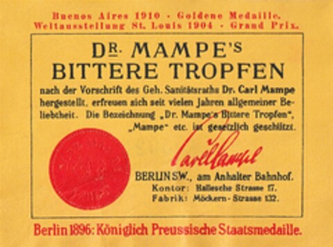 DR. MAMPE`S BITTERE TROPFEN Logo (DPMA, 26.01.1912)