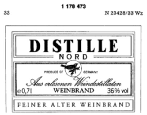 DISTILLE NORD PRODUCE OF GERMANY Aus erlesenen Weindestillaten WEINBRAND FEINER ALTER WEINBRAND Logo (DPMA, 23.08.1990)