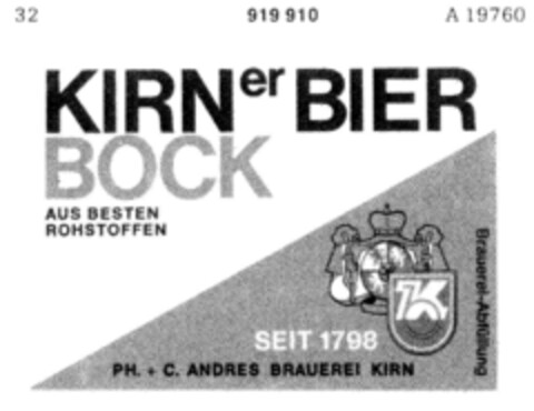 KIRNer BIER BOCK Logo (DPMA, 20.11.1968)