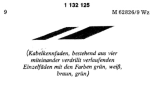 (Kabelkennfaden, bestehend aus vier miteinander verdrillt verlaufenden Einzelfäden mit den Farben grün, weiß, braun grün) Logo (DPMA, 04/22/1988)