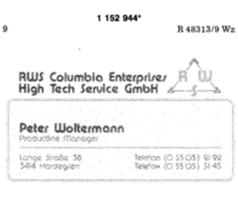 RWS Columbia Enterprises High Tech Service GmbH Logo (DPMA, 26.07.1989)