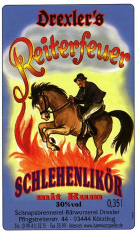 Drexler's Reiterfeuer SCHLEHENLIKÖR mit Rum Logo (DPMA, 07/14/2006)