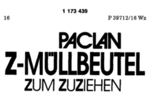 PACLAN Z-MÜLLBEUTEL ZUM ZUZIEHEN Logo (DPMA, 23.06.1990)