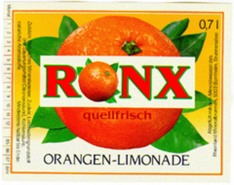 RONX quellfrisch ORANGEN-LIMONADE Logo (DPMA, 06.02.1986)