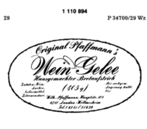 Original Pfaffmann`s Wein Gelee Logo (DPMA, 22.12.1986)