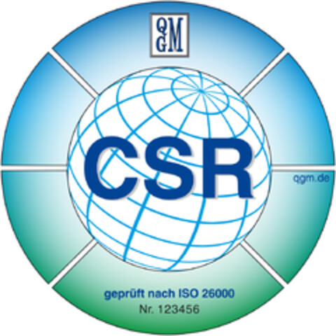 QGM CSR qgm.de gepüft nach ISO 26000 Nr. 123456 Logo (DPMA, 06.06.2024)