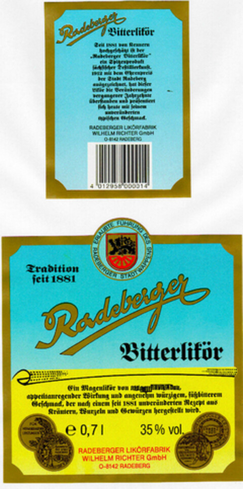Radeberger Bitterlikör Logo (DPMA, 02.11.1991)
