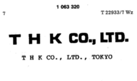 T H K CO., LTD. Logo (DPMA, 10/28/1983)