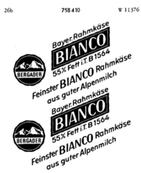Bayer. Rahmkäse BIANCO BERGADER Logo (DPMA, 02/01/1960)