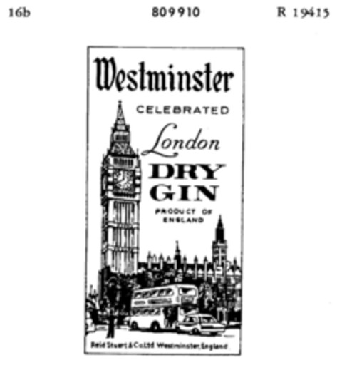 Westminster CELEBRATED London DRY GIN Logo (DPMA, 25.08.1964)