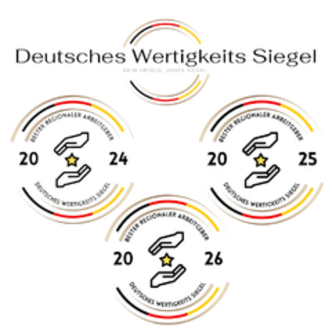 Deutsches Wertigkeits Siegel DEIN ERFOLG, UNSER SIEGEL BESTER REGIONALER ARBEITGEBER 2024 2025 2026 Logo (DPMA, 08.10.2024)