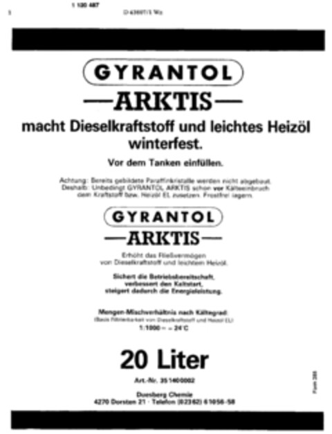 GYRANTOL -ARKTIS- macht Dieselkraftstoff und leichtes Heizöl winterfest. Logo (DPMA, 07/29/1987)