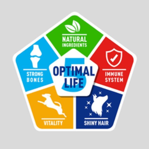 OPTIMAL LIFE 5 STRONG BONES NATURAL INGREDIENTS IMMUNE SYSTEM SHINY HAIR VITALITY Logo (EUIPO, 06.12.2023)