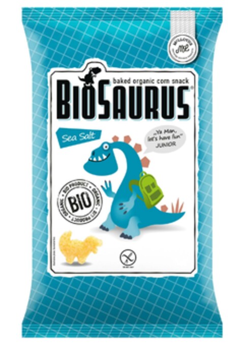 BIOSAURUS baked organic corn snack Sea Salt Ya Man, let's have fun JUNIOR BIO PRODUCT BIO Logo (EUIPO, 26.02.2024)