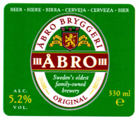 ÅBRO ÅBRO BRYGGERI ORIGINAL 1856 1898 Sweden's oldest family-owned brewery BEER · BIERE · BIRRA · CERVEJA · CERVEZA · BIER ALC. 5.2% VOL. 330 ml e Logo (EUIPO, 26.10.1998)