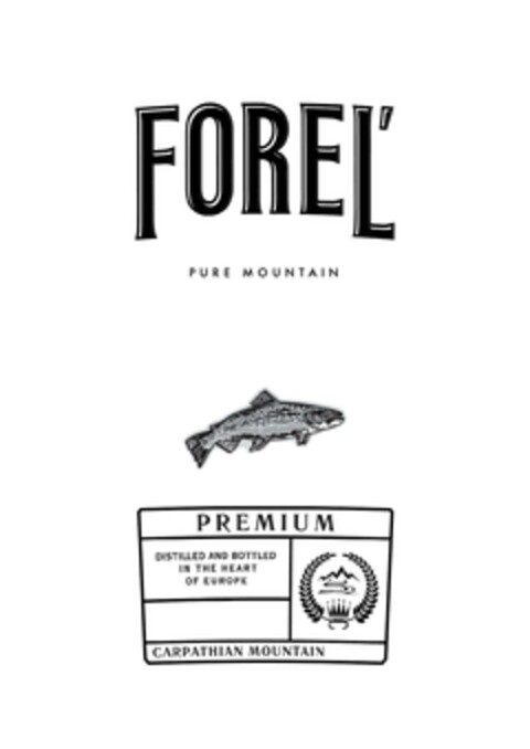 FOREĽ PURE MOUNTAIN PREMIUM DISTILLED AND BOTTLED IN THE HEART OF EUROPE CARPATHIAN MOUNTAIN Logo (EUIPO, 26.09.2024)