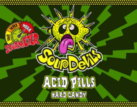 SOURDEVILS, ACID PILLS, HARD CANDY, SOURMETER, SOUR, SUPER, MEGA Logo (EUIPO, 27.02.2018)