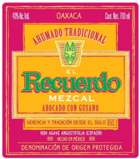 40% Alc. Vol. OAXACA Cont. Net. 700 ml AHUMADO TRADICIONAL El Recuerdo MEZCAL ABOCADO CON GUSANO HERENCIA Y TRADICIÓN DESDE EL SIGLO XVI 100% AGAVE ANGUSTIFOLIA (ESPADÍN) HECHO EN MÉXICO DENOMINACIÓN DE ORIGEN PROTEGIDA Logo (EUIPO, 04/21/2023)