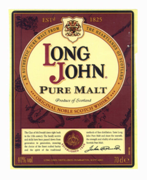 LONG JOHN PURE MALT Produce of Scotland AN AUTHENTIC PURE MALT FROM THE HEARTLANDS OF SCOTLAND ORIGINAL NOBLE SCOTCH WHISKY Logo (EUIPO, 27.02.2002)