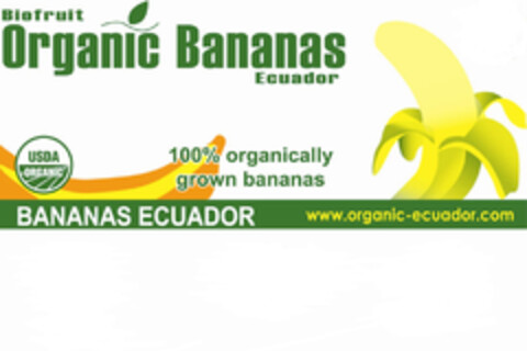 Biofruit Organic Bananas Ecuador USDA ORGANIC 100% organically grown bananas BANANAS ECUADOR www.organic-ecuador.com Logo (EUIPO, 06/09/2008)