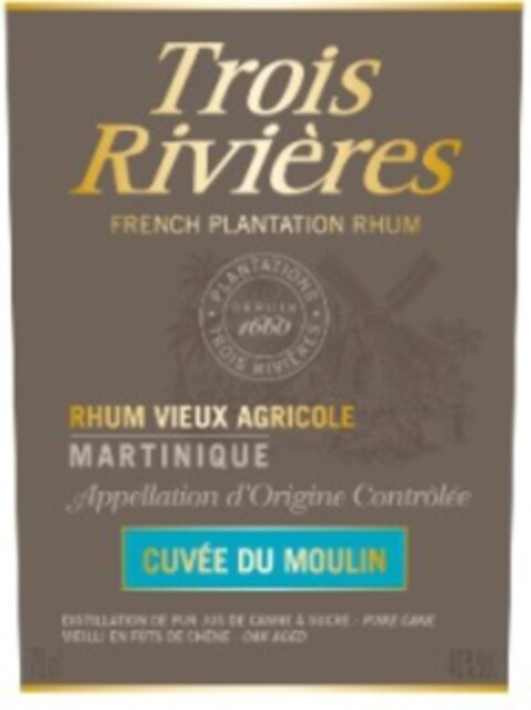 Trois Rivières FRENCH PLANTATION RHUM RHUM VIEUX AGRICOLE MARTINIQUE Appellation d'Origine Contrôlée CUVÉE DU MOULIN Logo (EUIPO, 20.08.2014)