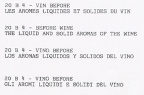 20 B 4 - VIN BEFORE LES AROMES LIQUIDES ET SOLIDES DU VIN 20 B4 - BEFORE WINE THE LIQUID AND SOLID AROMAS OF THE WINE 20 B 4 - VINO BEFORE LOS AROMAS LIQUIDOS Y SOLIDOS DEL VINO 20 B 4 - VINO BEFORE GLI AROMI LIQUIDI E SOLIDI DEL VINO Logo (EUIPO, 03/17/2006)