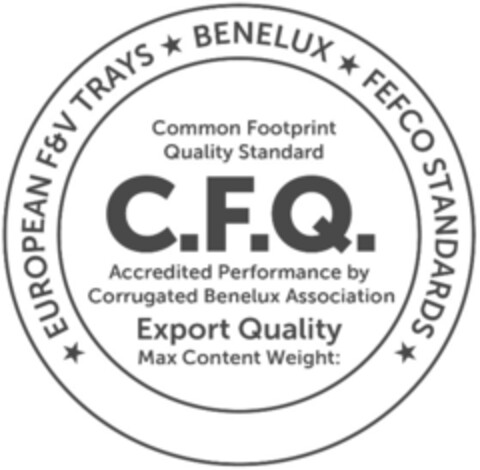 C.F.Q. COMMON FOOTPRINT QUALITY STANDARD ACCREDUTED PERFORMANCE BY CORRUGATED BENELUX ASSOCIATION EXPORT QUALITY MAX CONTENT WEIGHT EUROPEAN F&V TRAYS BENELUX FEFCO STANDARDS Logo (EUIPO, 29.09.2021)