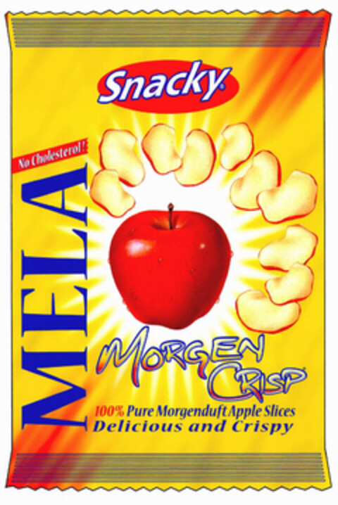 MORGEN CRISP Snacky no cholesterol! MELA 100% Pure Morgenduft Apple Slices Delicious and Crispy Logo (EUIPO, 12.07.2000)