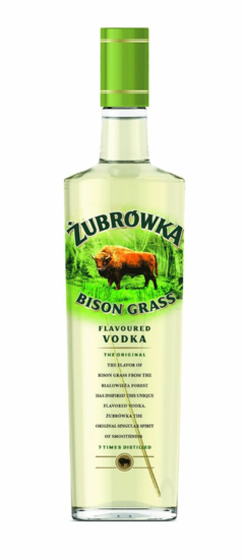 ŻUBRÓWKA BISON GRASS FLAVOURED VODKA THE ORIGINAL THE FLAVOUR OF BISON GRASS FROM THE BIAŁOWIEŻA FOREST HAS INSPIRED THIS UNIQUE FLAVOURED VODKA.  ŻUBRÓWKA THE ORIGINAL SINGULAR SPIRIT OF SMOOTHNESS 7 TIMES DISTILLED Logo (EUIPO, 29.06.2016)