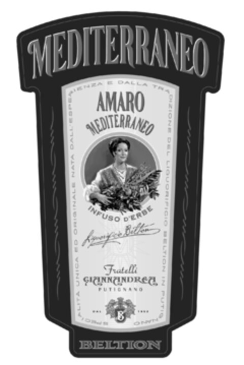 MEDITERRANEO AMARO MEDITERRANEO INFUSO D'ERBE Liquorificio Beltion Fratelli GIANNANDREA PUTIGNANO DAL 1952 BELTION SPECIALITÀ UNICA ED ORIGINALE NATA DALL'ESPERIENZA E DALLA TRADIZIONE DEL LIQUORIFICIO BELTION IN PUTIGNANO Logo (EUIPO, 11.08.2011)