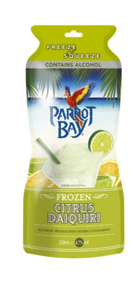 FREEZE & SQUEEZE CONTAINS ALCOHOL PARROT BAY SERVING SUGGESTION FROZEN CITRUS DAIQUIRI ALCOHOLIC BEVERAGE WITH NATURAL FLAVOURINGS 250 ml e 4.7% vol Logo (EUIPO, 09.05.2013)