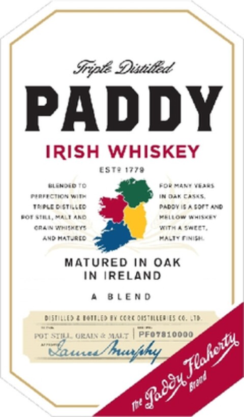 Triple Distilled PADDY IRISH WHISKEY matured in oak in Ireland a blend the Paddy Flaherty brand Logo (EUIPO, 10.09.2013)