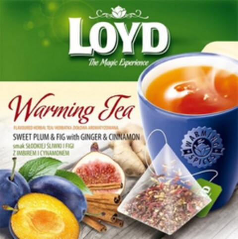 LOYD The Magic Experience Warming Tea FLAVOURED HERBAL TEA/ HERBATKA ZIOŁOWA AROMATYZOWANA SWEET PLUM & FIG with GINGER & CINNAMON smak SŁODKIEJ ŚLIWKI I FIGI Z IMBIREM I CYNAMONEM WARMING SPICES Logo (EUIPO, 30.10.2012)