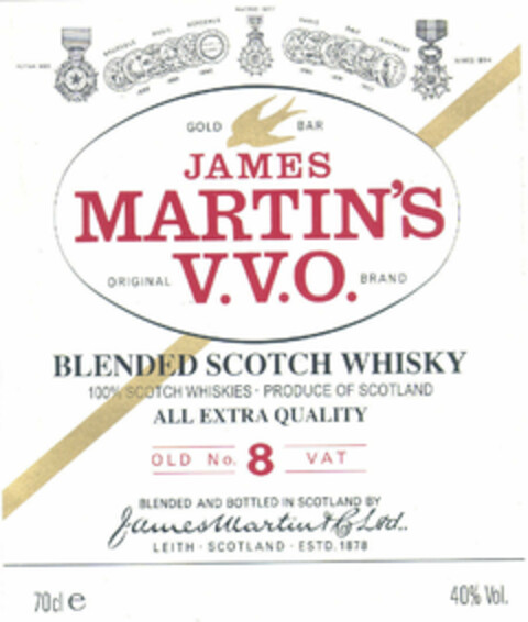 JAMES MARTIN'S V.V.O. BLENDED SCOTCH WHISKY ALL EXTRA QUALITY Logo (EUIPO, 15.03.1999)