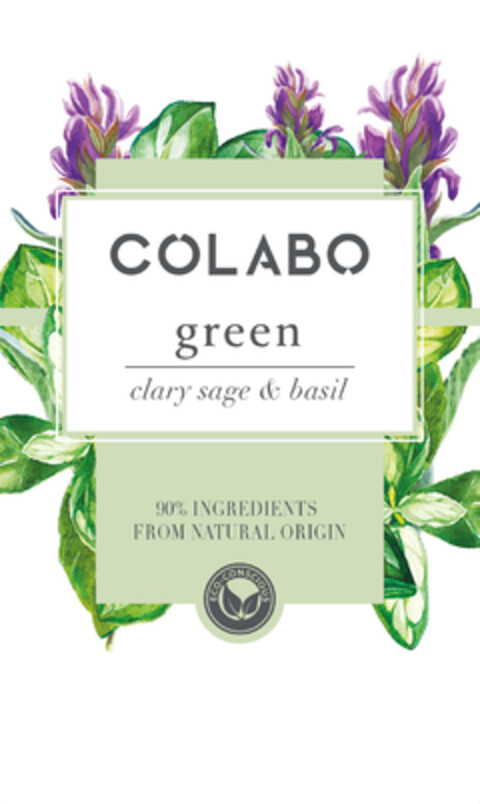 COLABO green clary sage & basil 90% INGREDIENTS FROM NATURAL ORIGIN ECO-CONSCIOUS Logo (EUIPO, 06/24/2022)