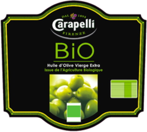 DAL 1893 Carapelli FIRENZE BiO Huile d'Olive Vierge Extra Issue de l'Agriculture Biologique Logo (EUIPO, 15.01.2009)