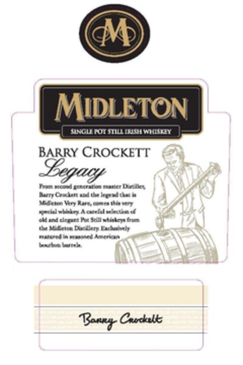 "M", Midleton,  SINGLE POST IRISH WHISKEY Barry Crockett, Legacy, From second generation master Distiller, Barry Crockett and the legend that is Midleton Very Rare, comes this very special whiskey. A careful selection of old and elegant Pot Still whi Logo (EUIPO, 13.04.2011)