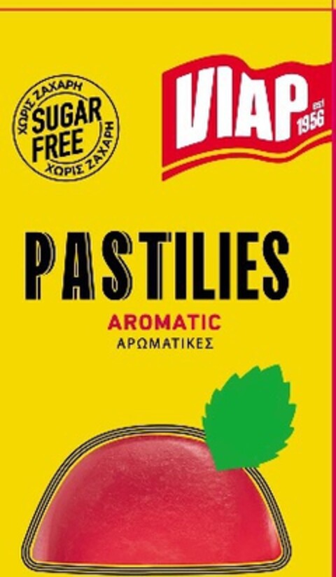 VIAP est 1956 PASTILIES AROMATIC AROMATIKES SUGAR FREE XORIS ZAXARI Logo (EUIPO, 02/16/2022)