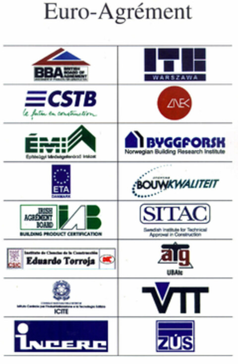 Euro-Agrément, BBA, IT, CSTB, ÉMI, BYGGFORSK, ETA, BOUWKWALITEIT, IRISH AGRÉMENT BOARD, SITAC, Instituto de Ciencias de la Construcción Eduardo Torroja, aTg, ICITE, VTT, incerc, ZÚS Logo (EUIPO, 21.04.1998)