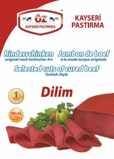 Dilim KAYSERI PASTIRMA ÖZ Rinderschinken Jambon de boef Selected cuts of cured beef Logo (EUIPO, 06/18/2015)