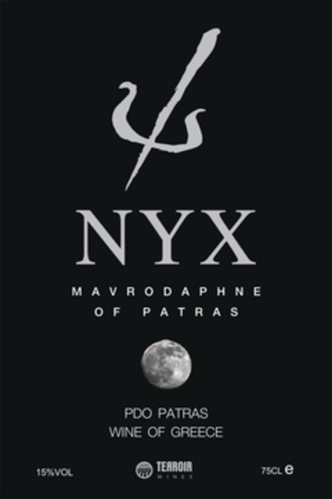 NYX MAVRODAPHNE OF PATRAS  PDO PATRAS WINE OF GREECE 15 % VOL TERROIR WINES 75CL e Logo (EUIPO, 10.10.2023)