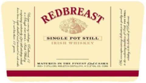 Redbreast, Unique among whiskey's, Redbreast 12 is a single pot still Irish Whiskey comprising exclusively of pot still whiskeys which have been triple distilled and matured in oak casks for not less than 12 years. An uncompromising dedication to qua Logo (EUIPO, 04/13/2011)