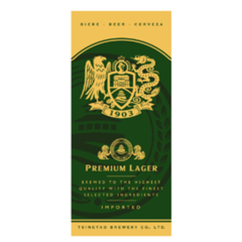 BIERE BEER CERVEZA 1903 PREMIUM LAGER BREWED TO THE HIGHEST QUALITY WITH THE FINEST SELECTED INGREDIENTS IMPORTED TSINGTAO BREWERY CO., LTD. Logo (EUIPO, 10.10.2019)