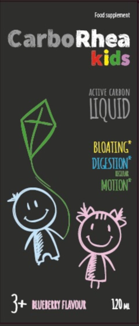 Food supplement CarboRhea kids ACTIVE CARBON LIQUID BLOATING* DIGESTION* REGULAR MOTION* 3+ BLUEBERRY FLAVOUR 120 ML Logo (EUIPO, 12/04/2019)